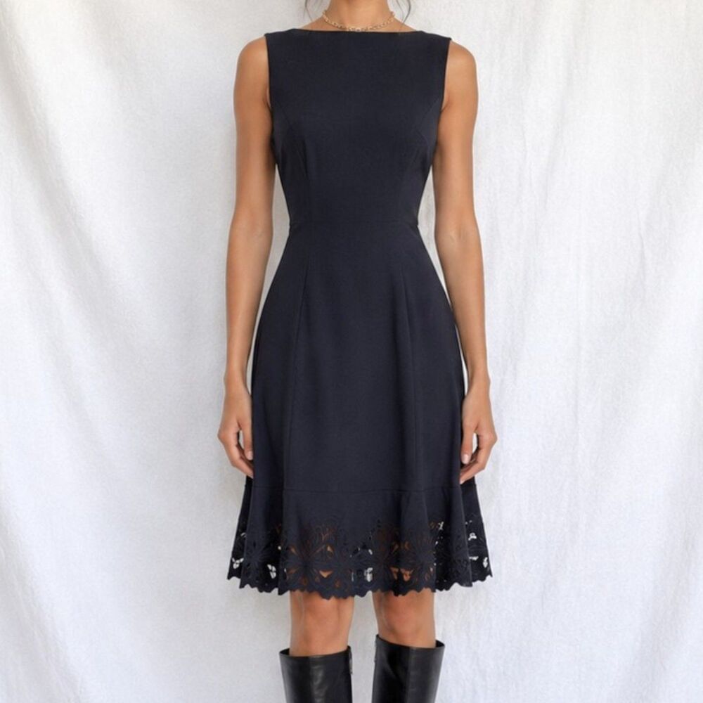 Vintage Y2K Blue Sleeveless Knit Scalloped Hem Knee Length Flared Dress Size M